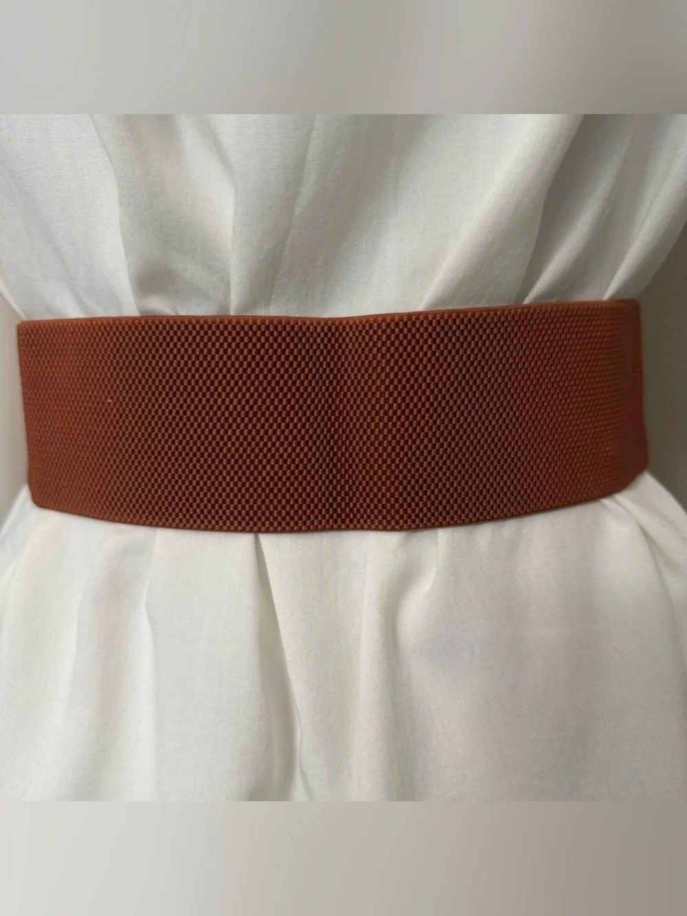 Camel PU leather elastic waistband belt with gold tone buckle